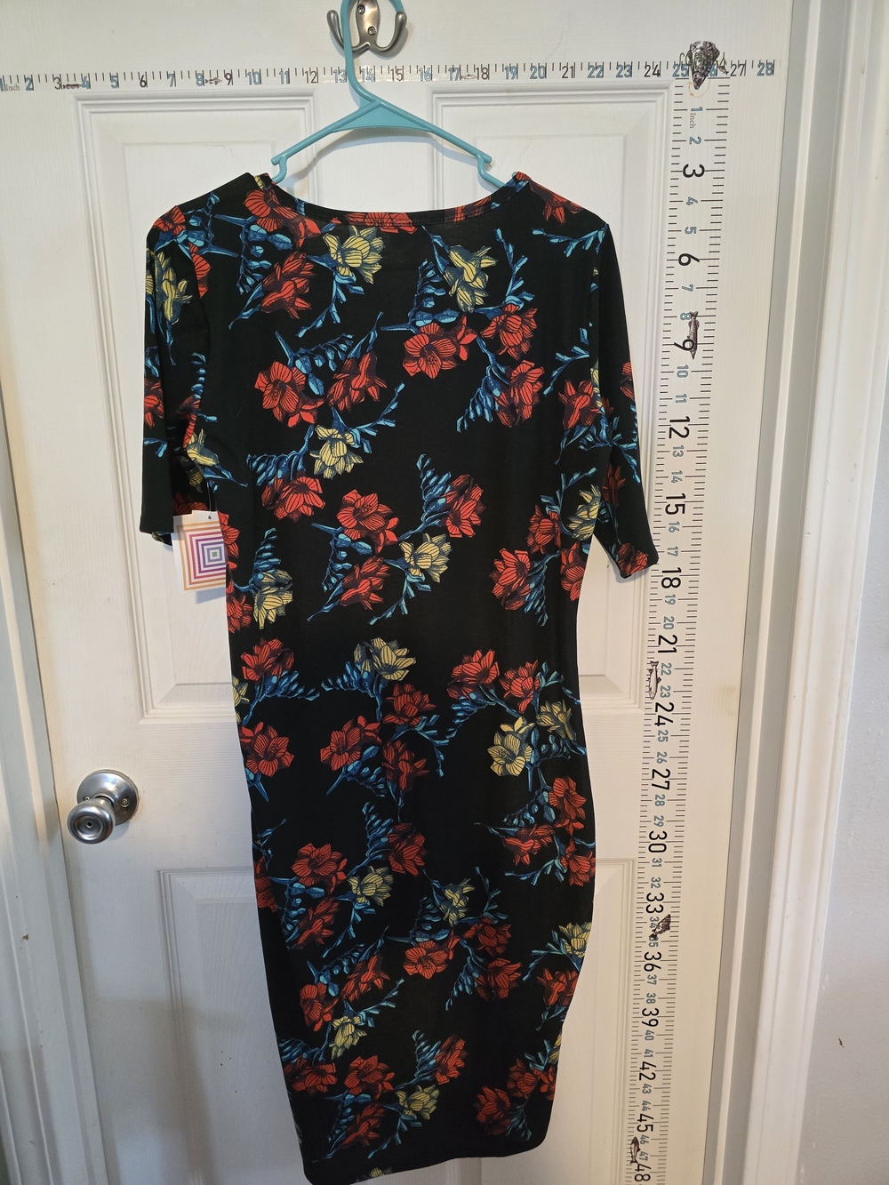 LuLaRoe Black Midi Dress with Red, Yellow & Blue Floral Print - Picture 2 of 3